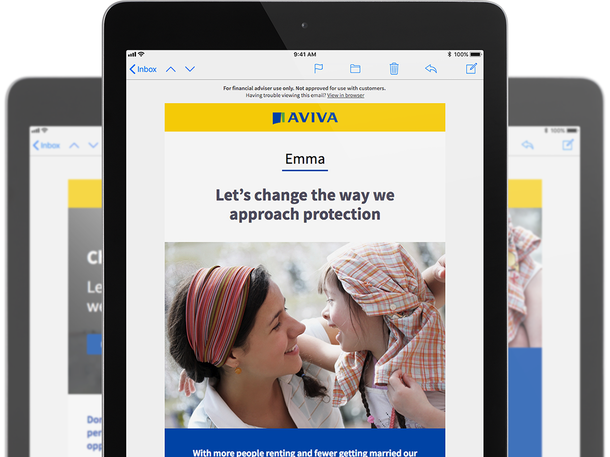 Aviva B2B product template emails on an iPad