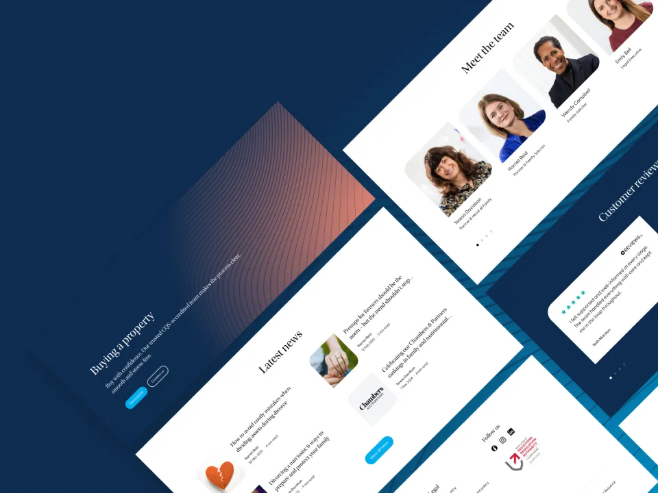 Interface components from the Winston Solicitors site, including team section, reviews, and featured content blocks.